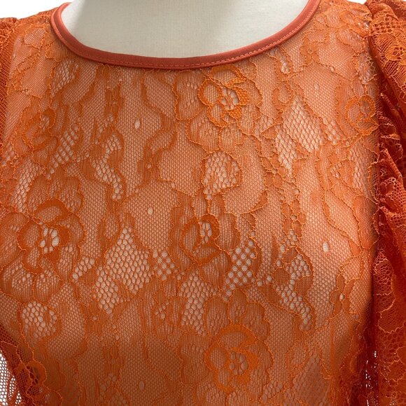 Haute Monde Orange Lace Flutter Sleeve Sheer Blouse Summer Romantic M - Picture 6 of 10